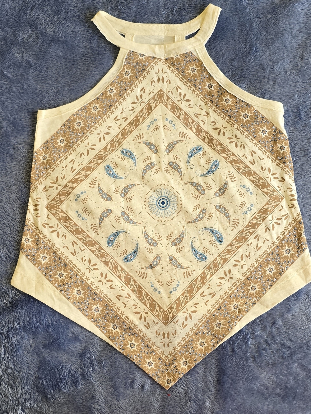 NWT Shyanne Bandana Print Halter Tank Top Ivory Blue Brown Hanky Hem Size S
